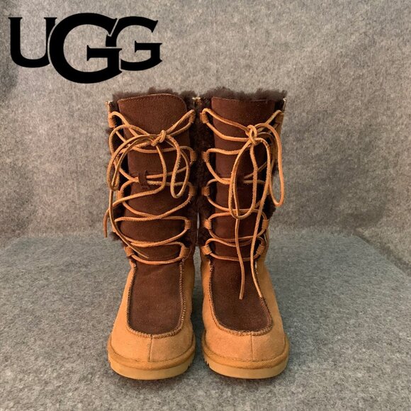 UGG Australia 5278 Tall Sheepskin Girls Youth Brown Tan Suede Lace Up Boots - Picture 1 of 10